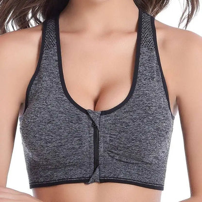Gray Textured Front Zipper Sports Bra