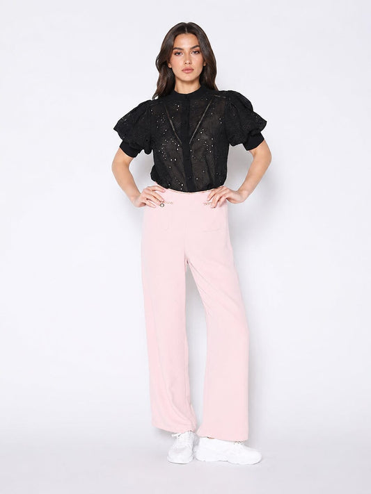 Round-Neck Puff Sleeve Eyelet Top