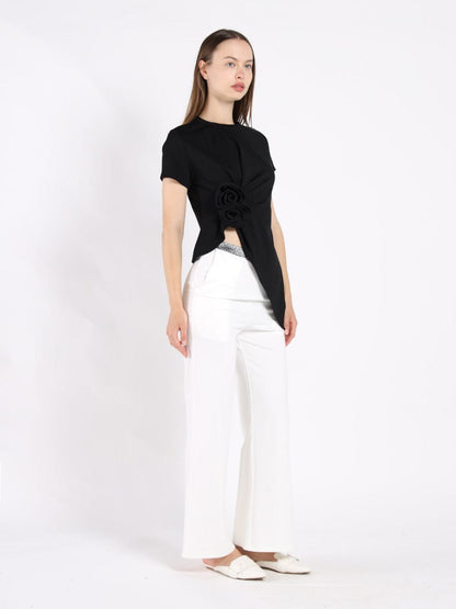 Sleeveless Flower Applique Sharp Asymmetrical Top