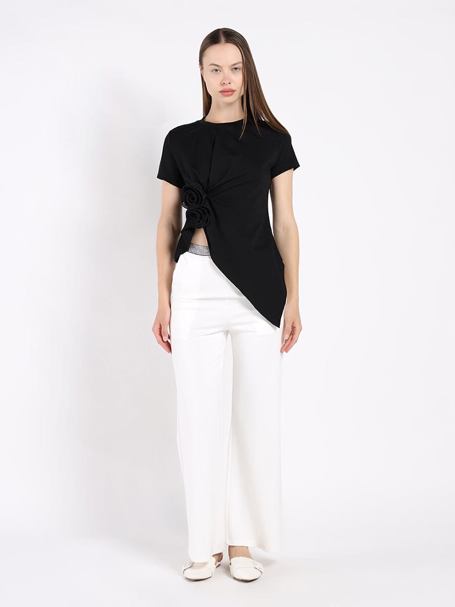 Sleeveless Flower Applique Sharp Asymmetrical Top