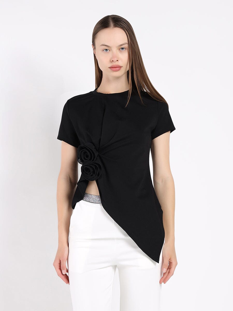 Sleeveless Flower Applique Sharp Asymmetrical Top