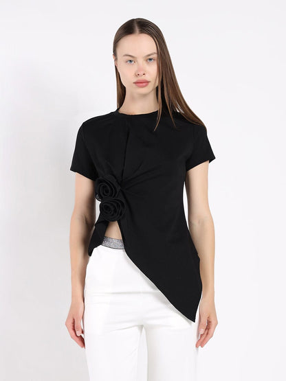 Sleeveless Flower Applique Sharp Asymmetrical Top